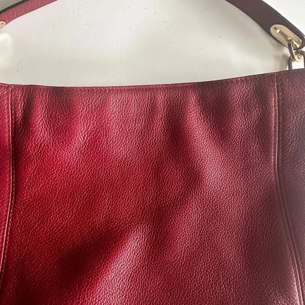 Michael Kors Fulton Hobo Dark Red Pebbled Leather Bag Gold Logo Slouchy Purse